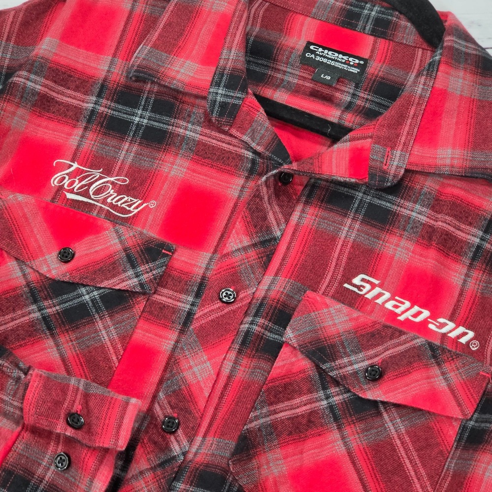Choko Snap-on Flannel Shirt Mens L Red Black Plaid Excellent Tool Crazy Western